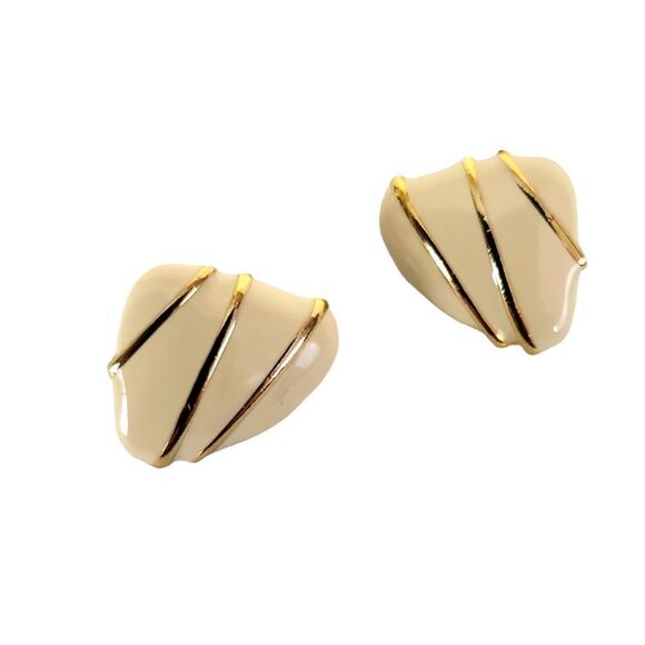 𝅺VINTAGE Monet Creamy Beige Enamel and Gold Stripe Earrings - Picture 1 of 3